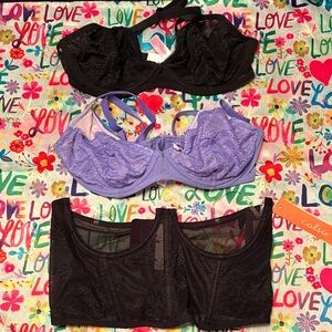 NWT Colsie Open Cup Lace Corset and a set of Black & Lavender Lace Demi Bras